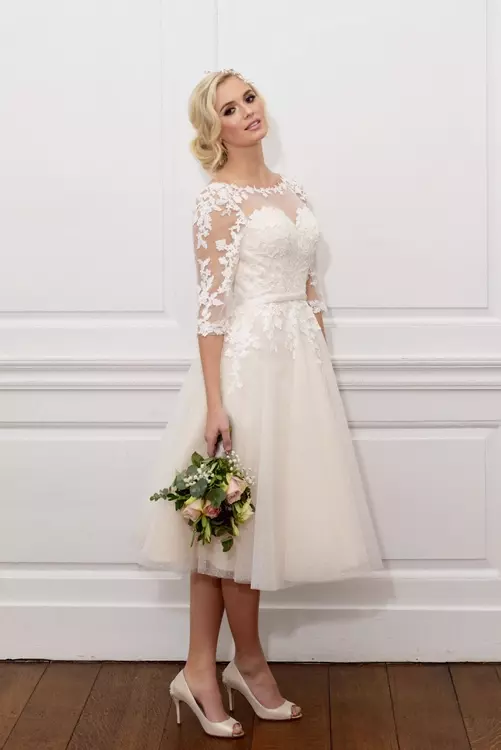 Ashley Spotted short wedding dress with lace sleeves True Bride